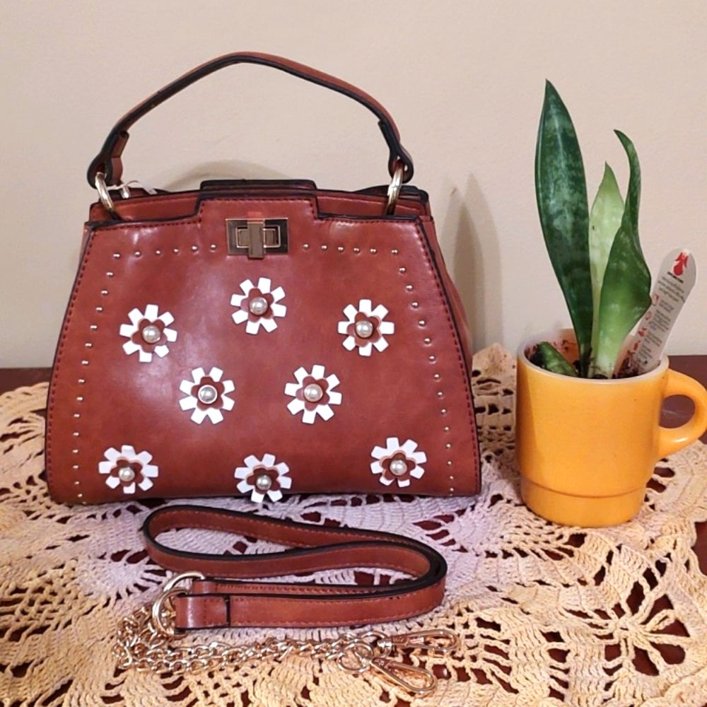 New Mellow World Brown and Gold Vegan Leather "Pearls" Mini Crossbody